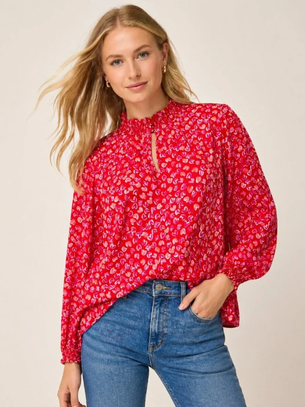 J.Crew Smocked Keyhole Top Bright Cerise Soft Azal XL Hearts Blouse